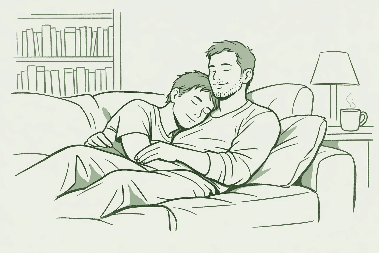 Two men cuddling on a sofa in a peaceful library setting, representing emotional depth in MM romance.