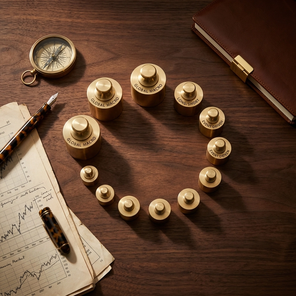 Investor's desk with portfolio allocation tools and documents, emphasizing hedge fund strategy and careful planning.