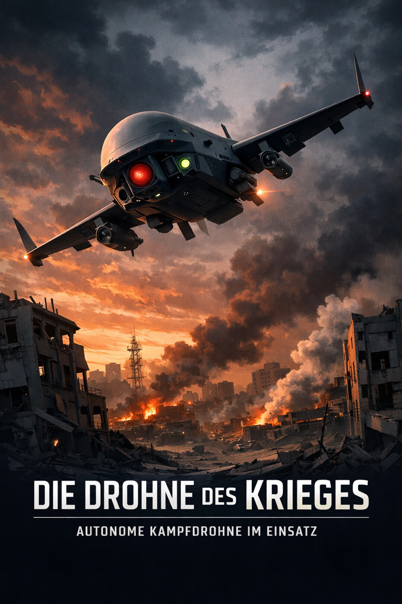 Autonome KI-Drohne mit Sensoren im Einsatz über Kriegsgebiet in der Ukraine