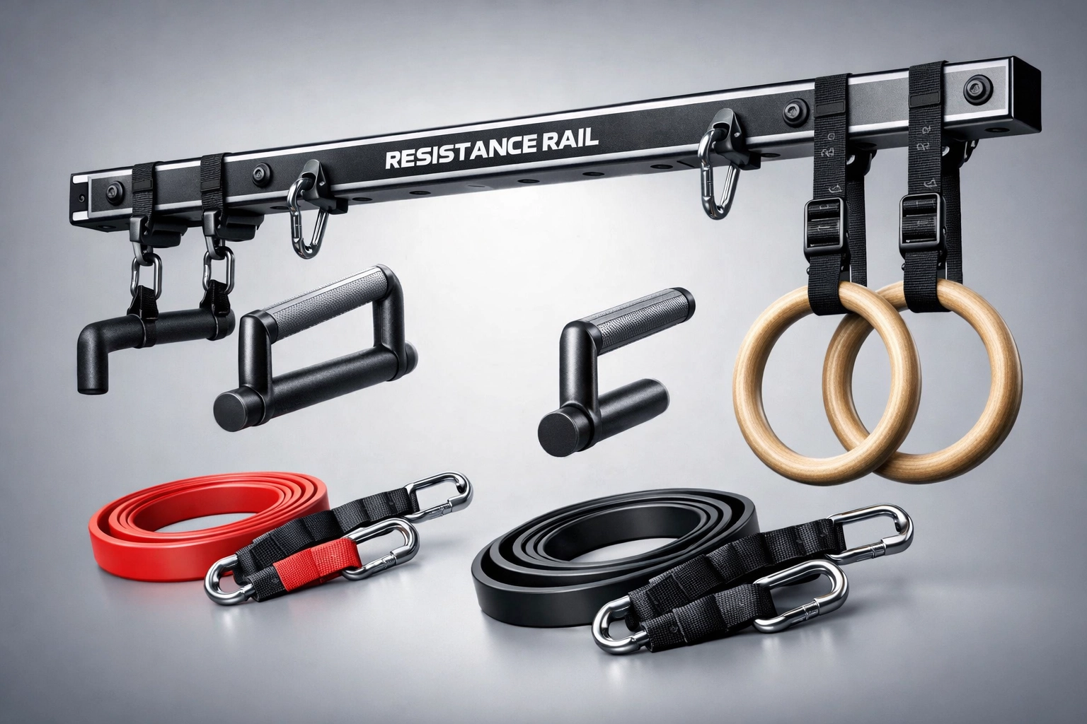 The Resistance Rail Standard showing pull up bar alternatives and gymnastics ring attachments.