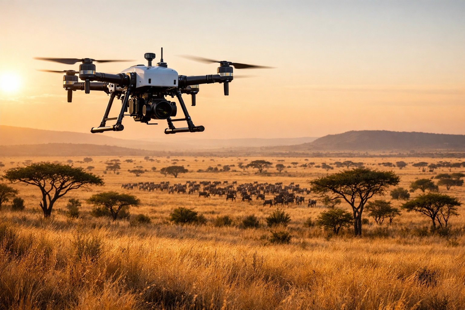 A conservation drone flying over a savanna to monitor animal populations using modern wildlife technology.