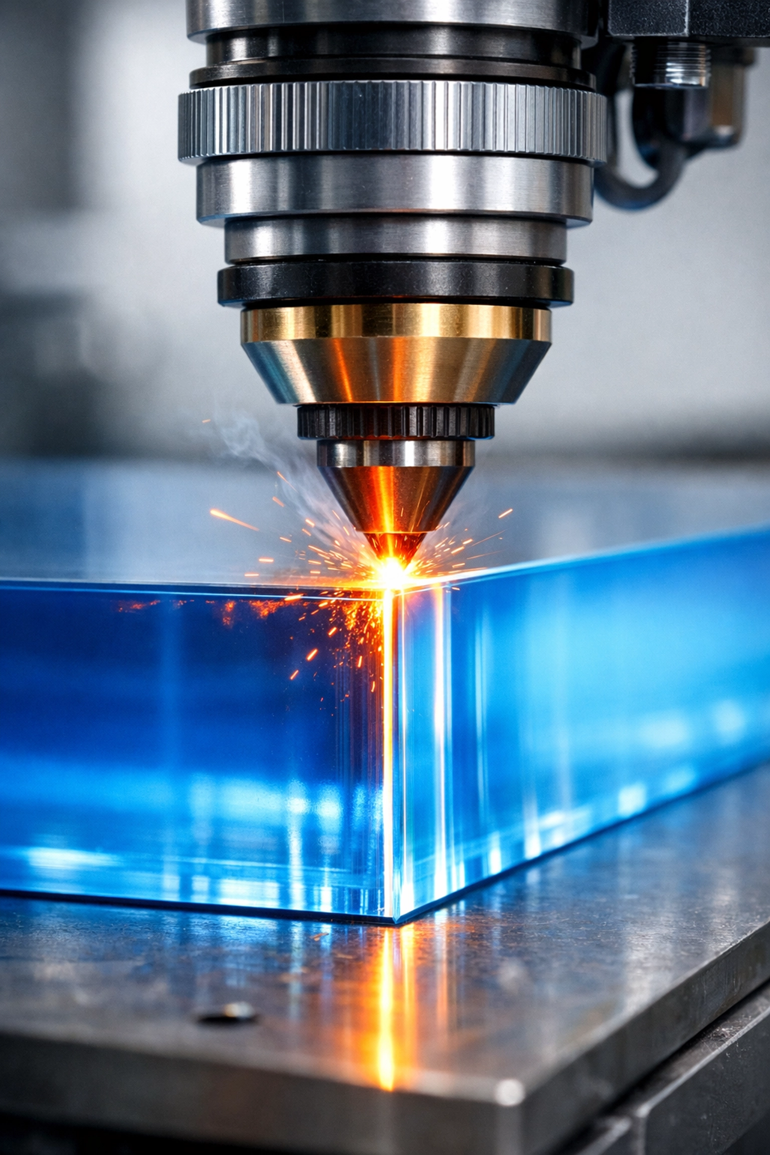 Close-up of a laser cutter nozzle creating a smooth flame-polished edge on a translucent acrylic sheet.