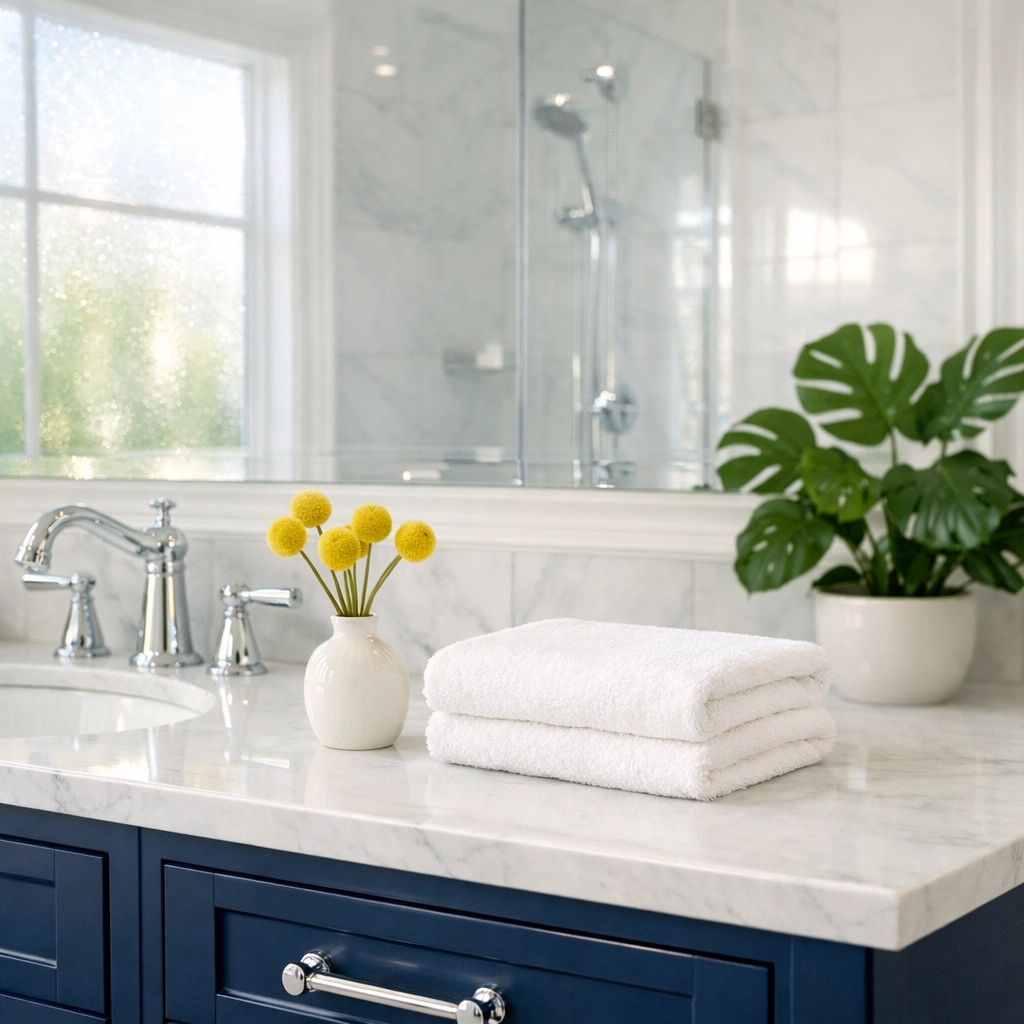 Pristine marble bathroom cleaned with eco-friendly house cleaning products in a Leominster home.