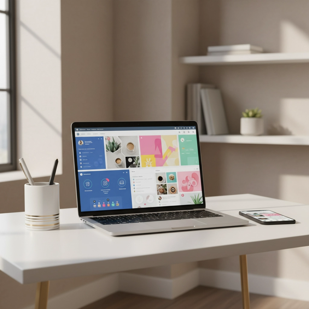 Laptop on a desk displaying colorful graphics. Nearby, a smartphone and pencil holder. Bright room with shelves and decor.