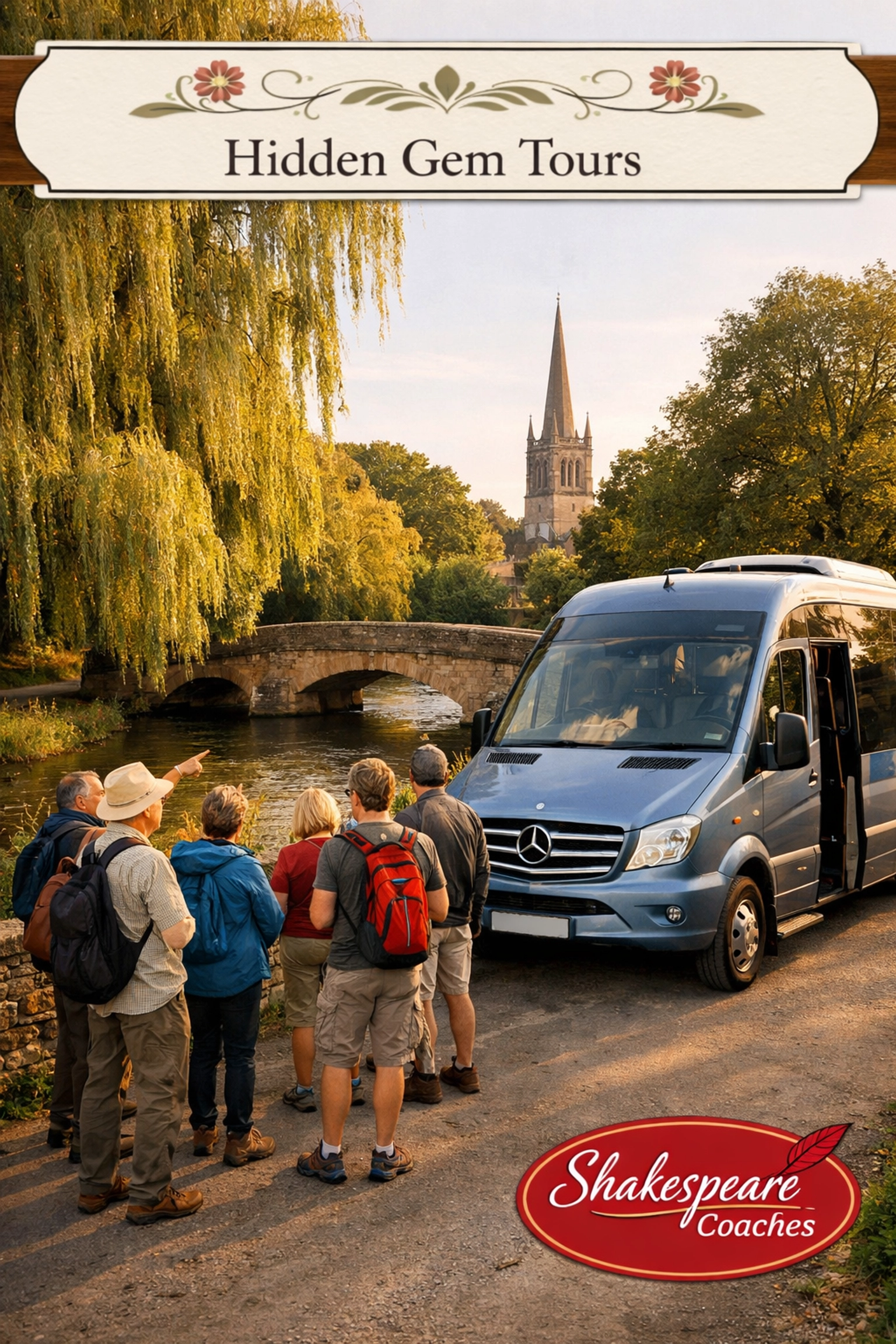 Shakespeare Coaches small group tour guests exploring the River Windrush and historic church spire in Burford.