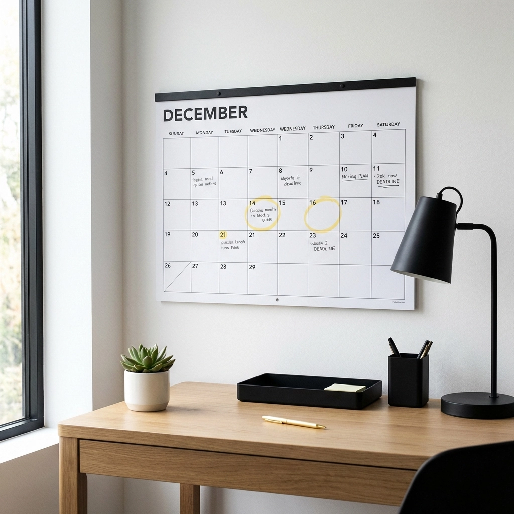 Modern home office with a wall calendar marked for deposit return deadlines, highlighting the importance of timely property management.