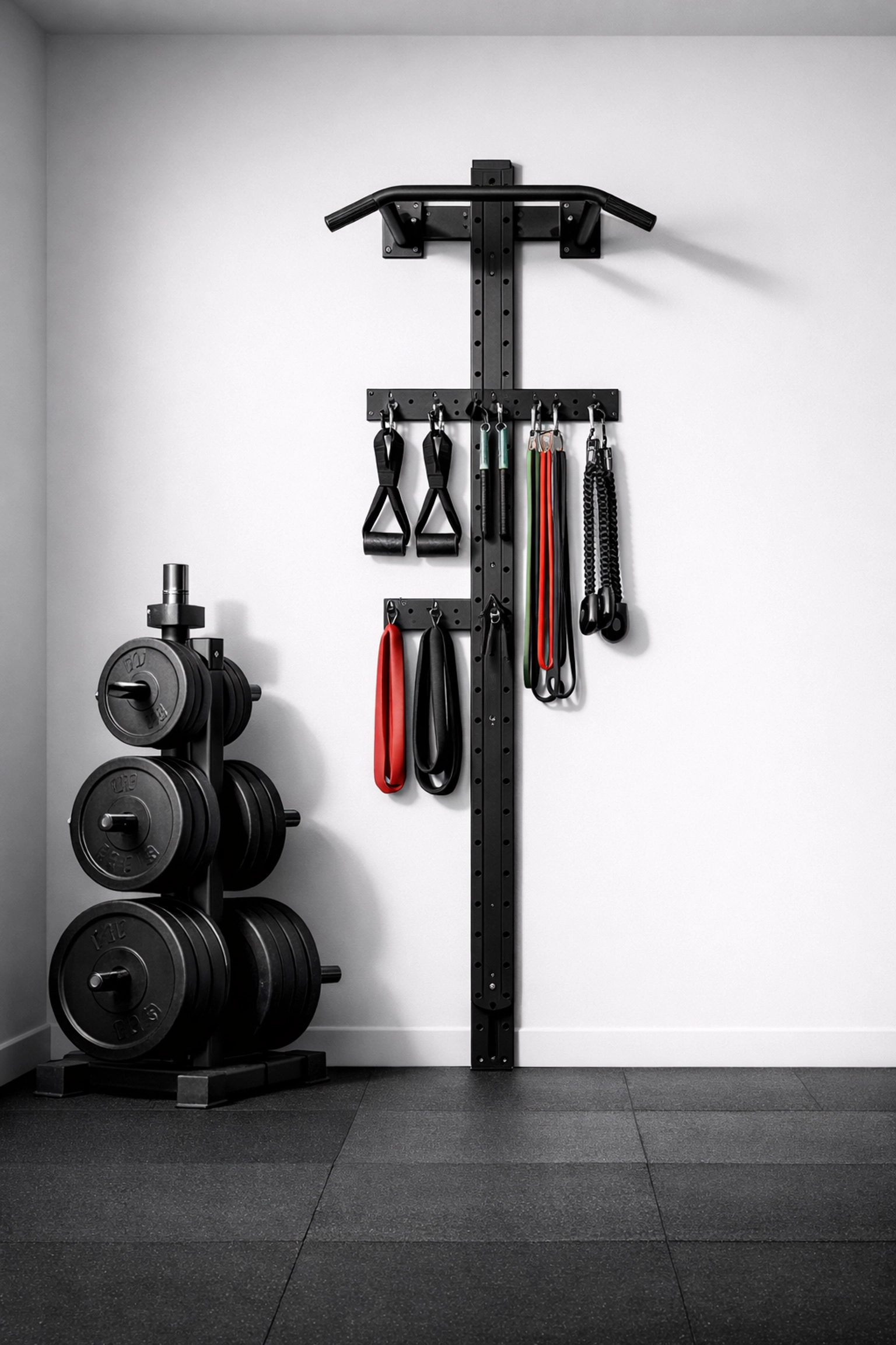 Organized space-saving home gym featuring a vertical anchor rail with resistance bands and weights.