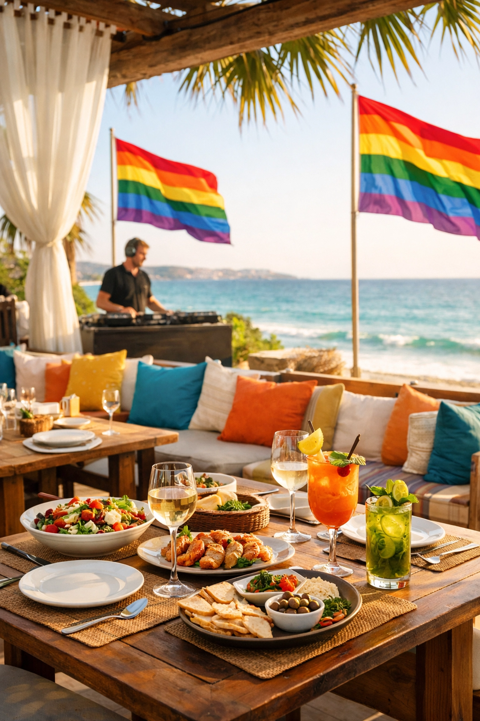 Chiringay beach club at Es Cavallet with pride flags and Mediterranean dining terrace