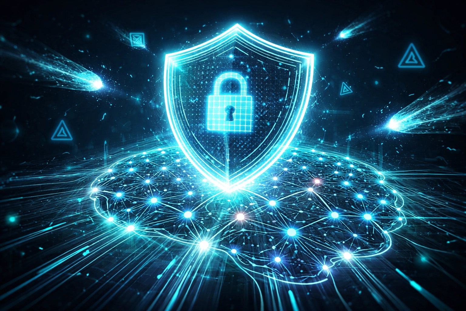 Digital shield protecting a network symbolizes secure AI risk management and cybersecurity strategy consulting.