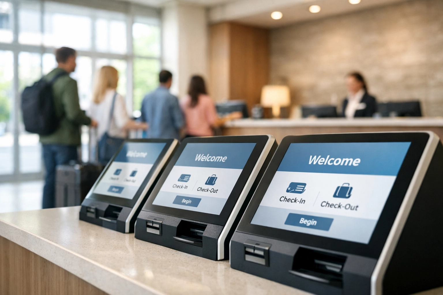 Modern hotel self-check-in kiosks in lobby with traditional front desk queue in background