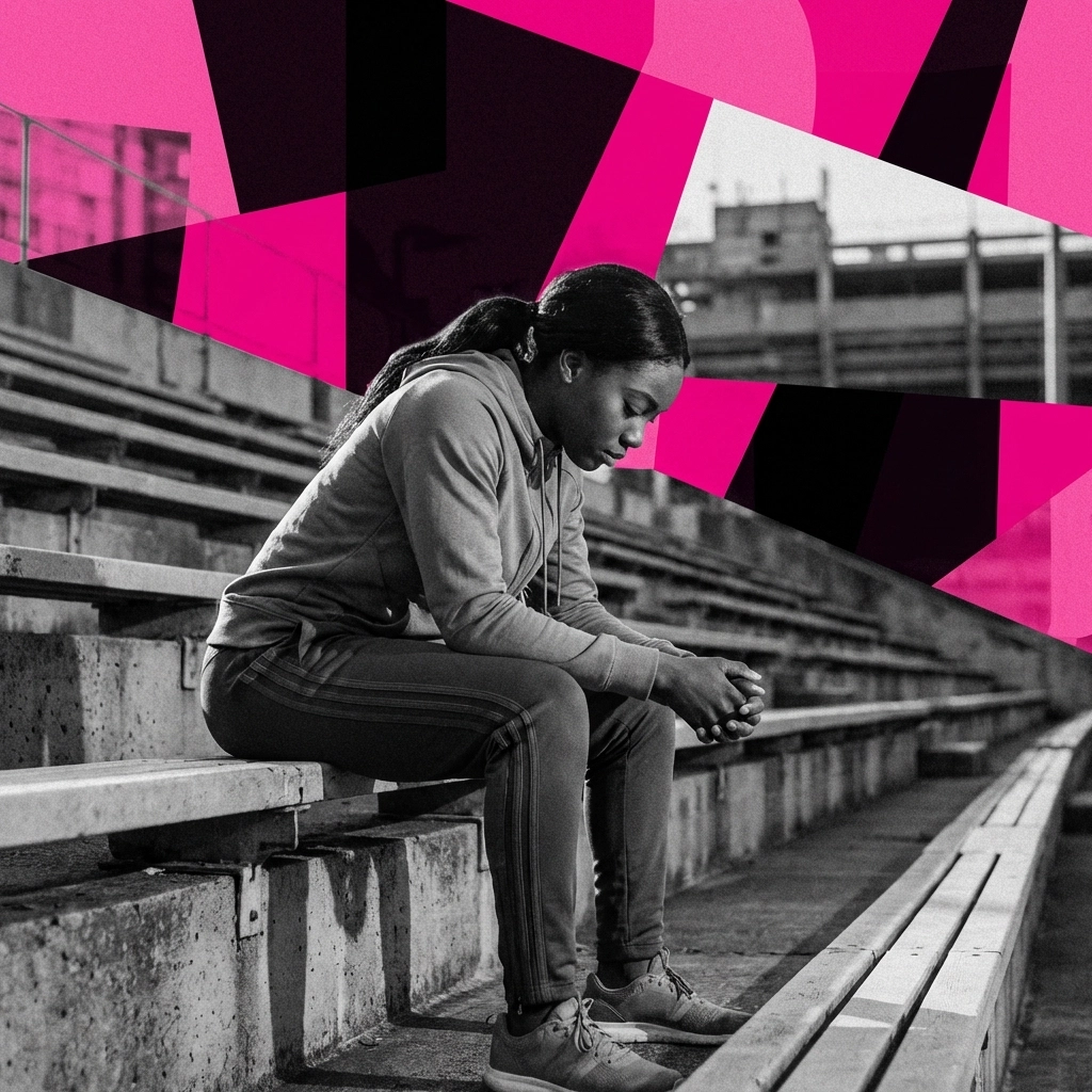 Black female athlete sits alone on bleachers, highlighting mental health in urban communities and celebrity influence.
