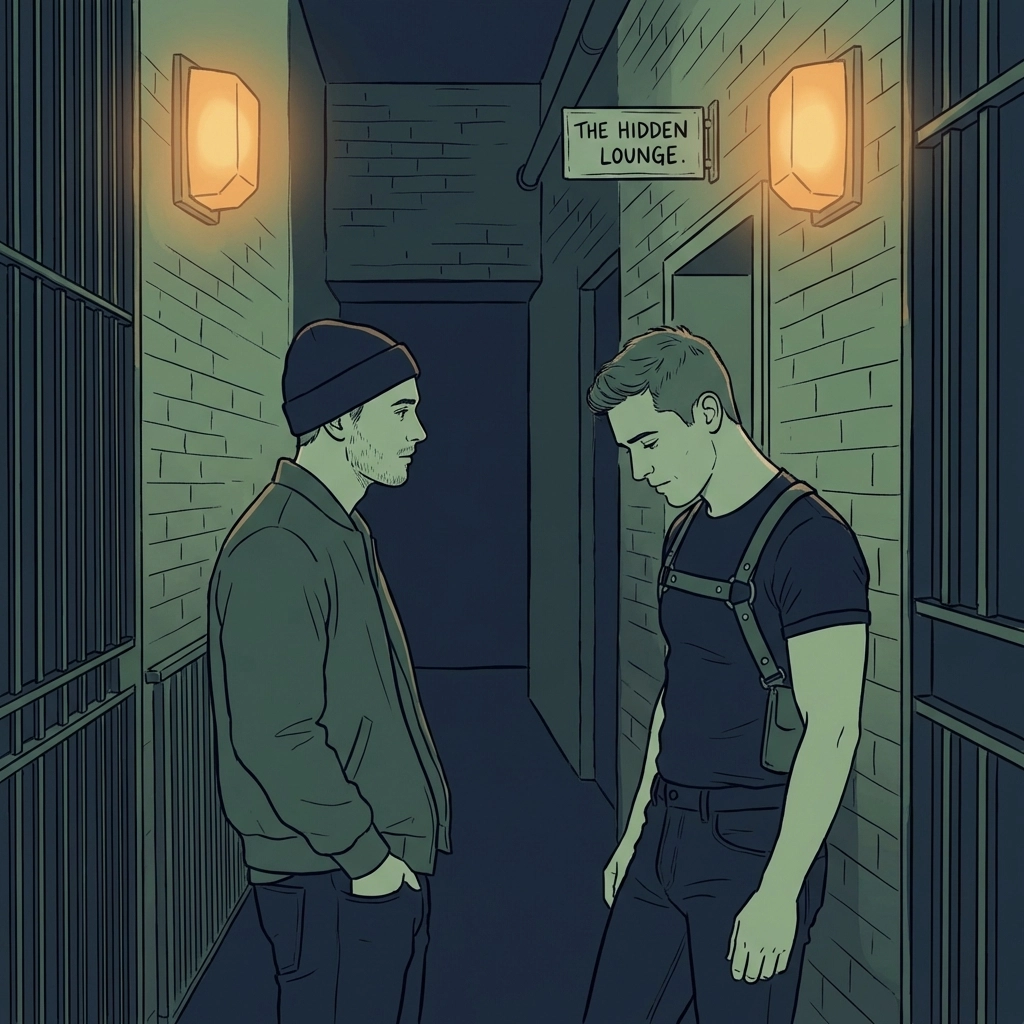 Gay couple in fetish club setting exploring BDSM dynamics and trust