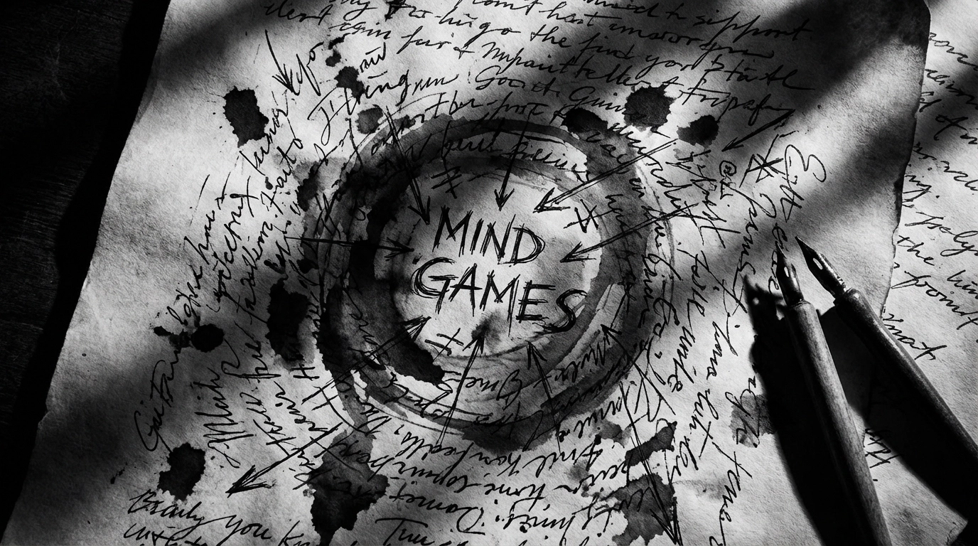 A messy spread of frantic, black-ink notes—arrows, circles, half-truths—with “MIND GAMES” stamped over the chaos like a warning label.