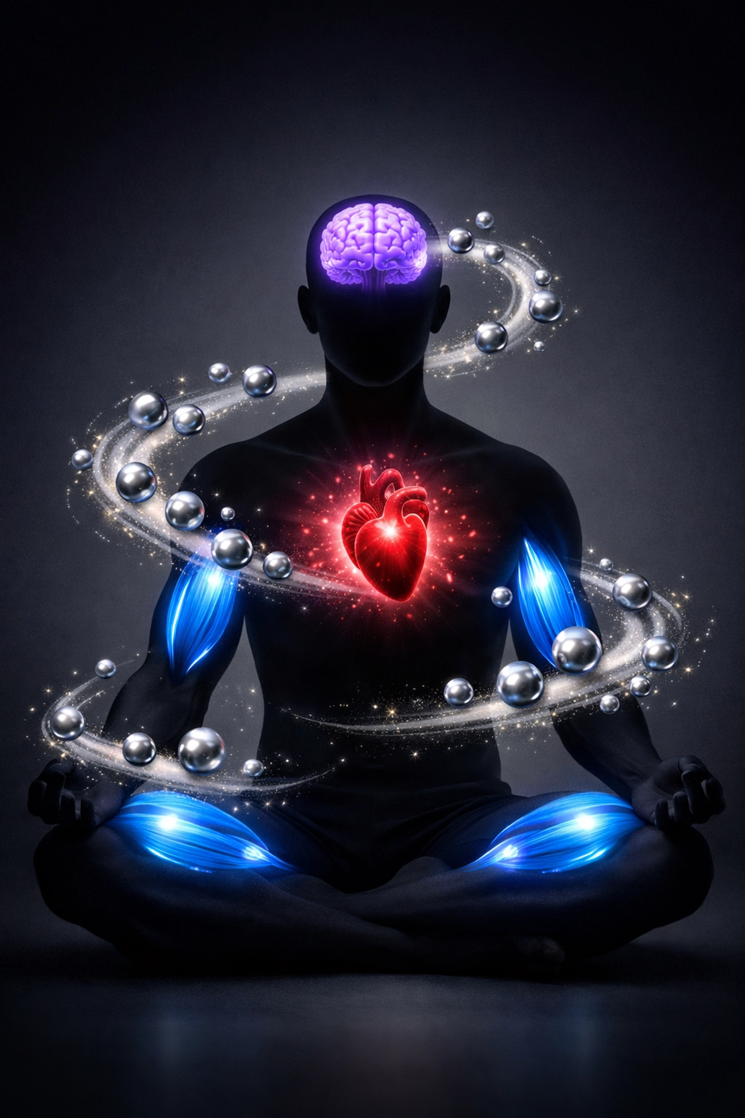 Human silhouette highlighting brain, heart, and muscle tissues targeted by different magnesium supplements.