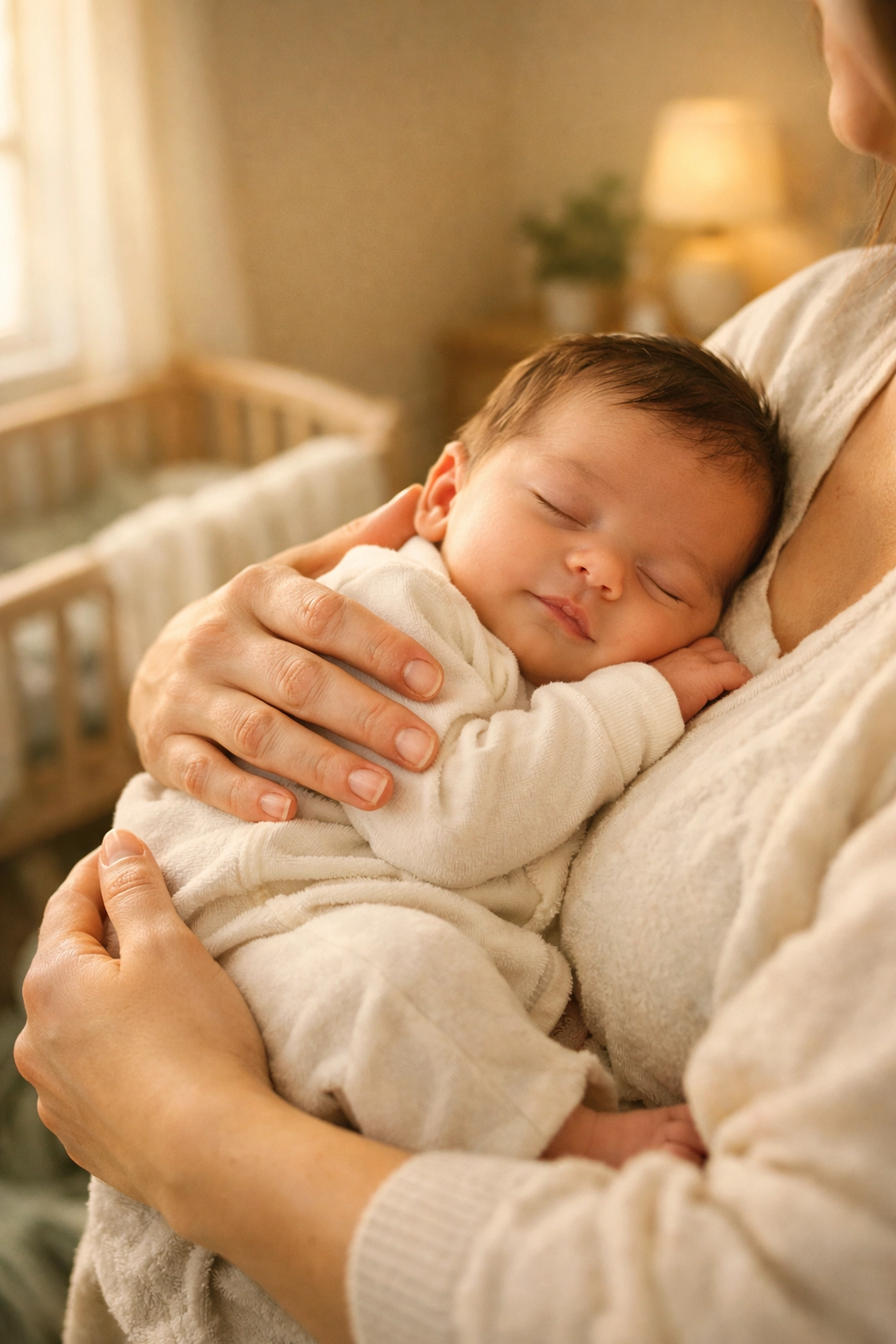 Mother gently cradling newborn using Thompson Method relaxed cradle hold for breastfeeding