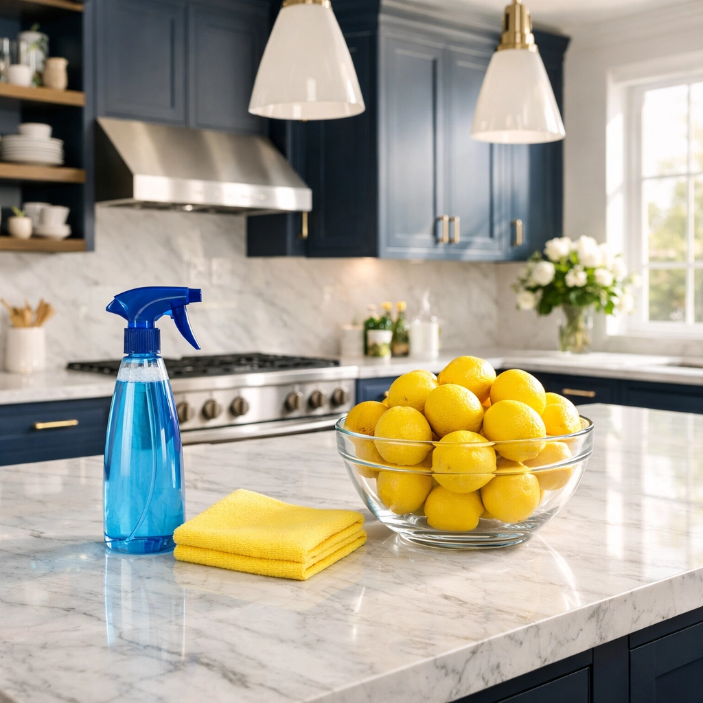Modern kitchen with blue cabinets showing the result of regular house cleaning maintenance.