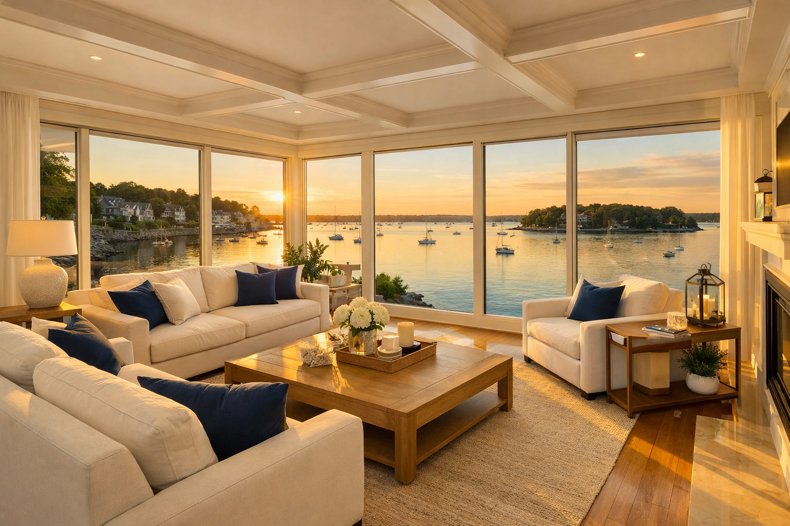 Spotless coastal living room in Hingham, Massachusetts, maintained by professional cleaning services.
