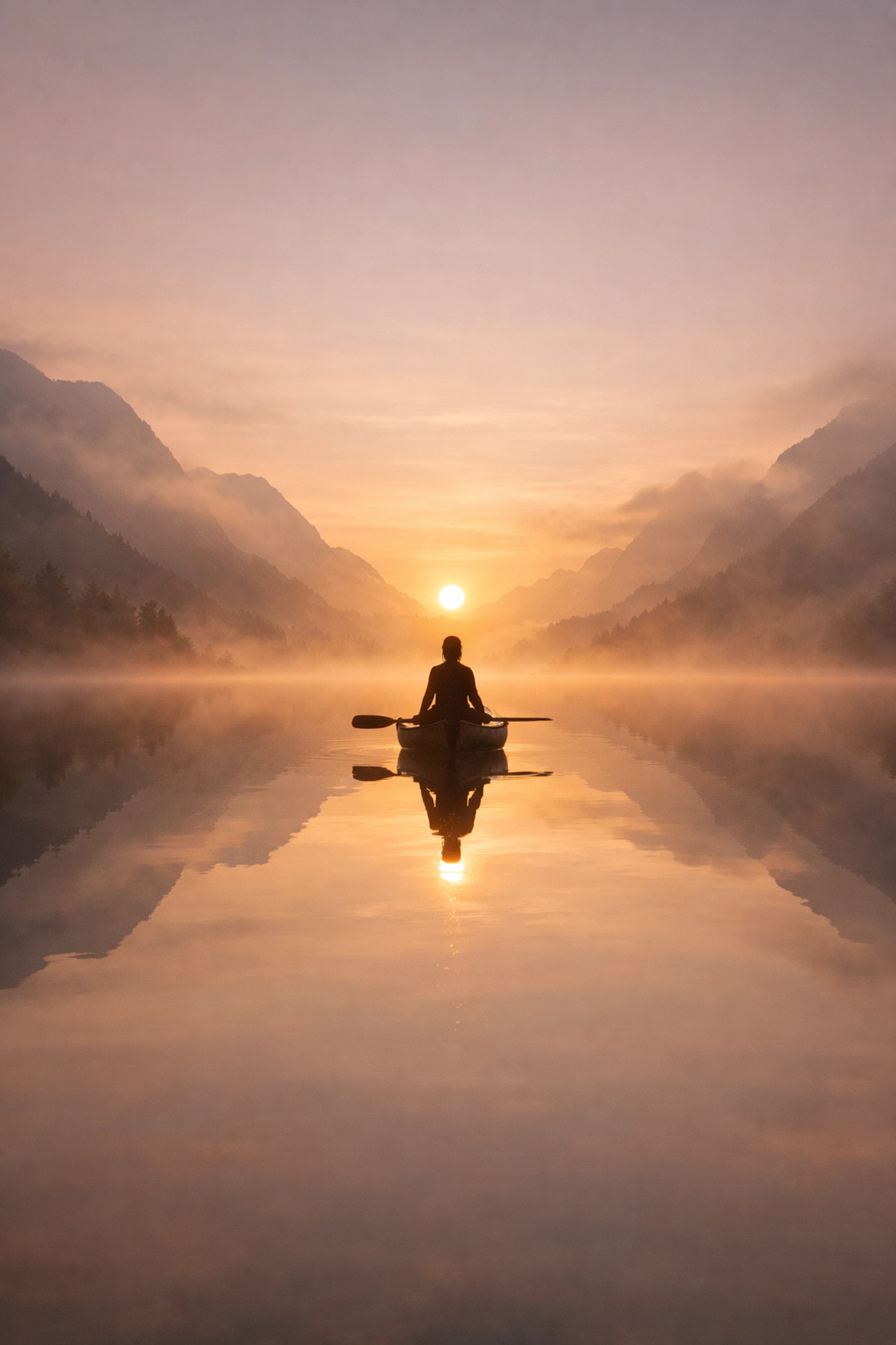 A serene silhouette at a mountain lake at dawn representing empowerment and spiritual transformation.