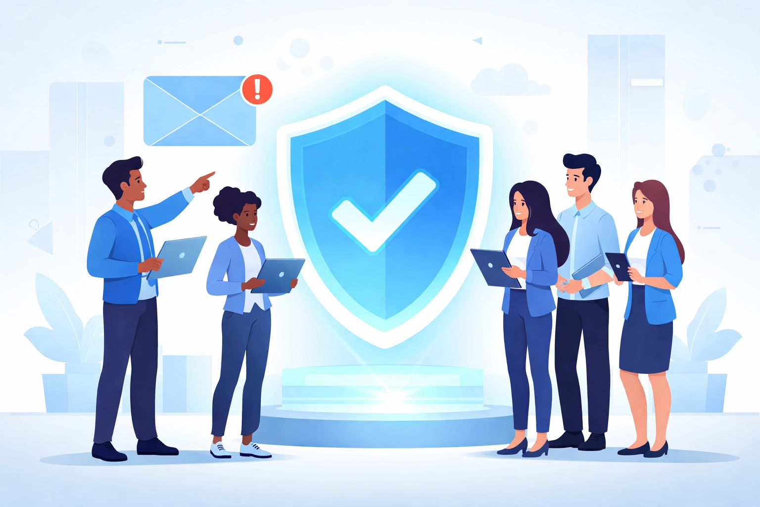 Team gathered around a glowing shield, highlighting employee cybersecurity training and awareness for businesses