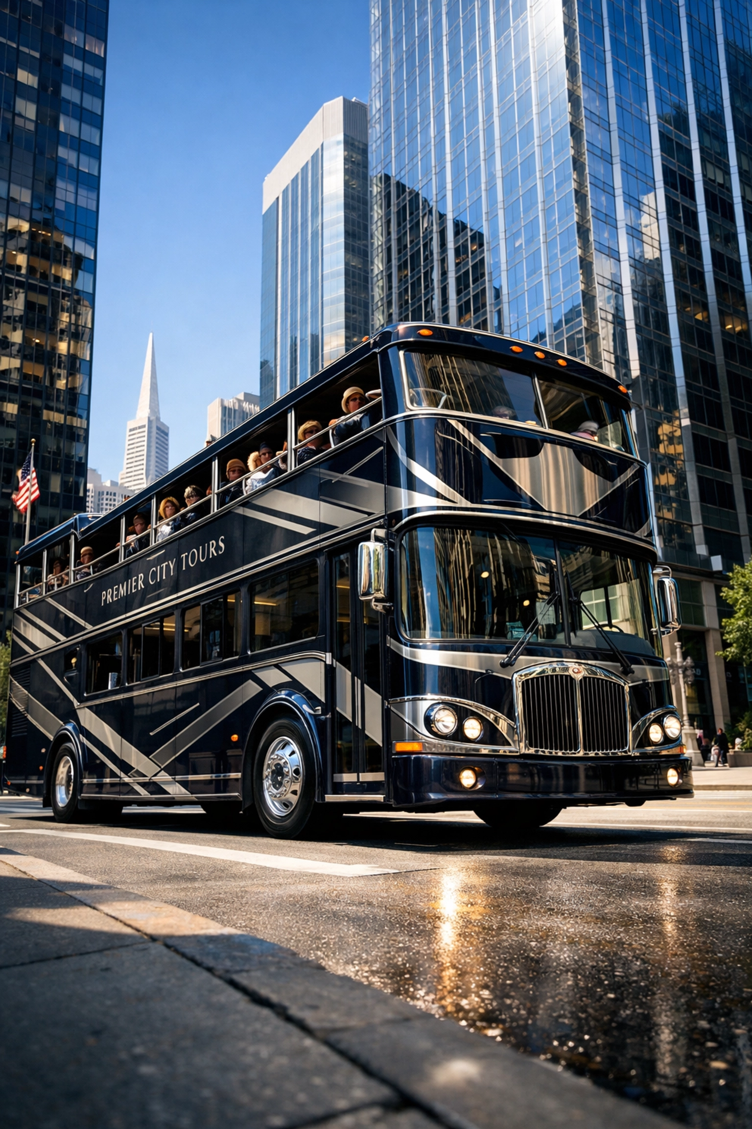 Luxury double-decker trolley bus with custom branding wrap in San Francisco for Super Bowl logistics.