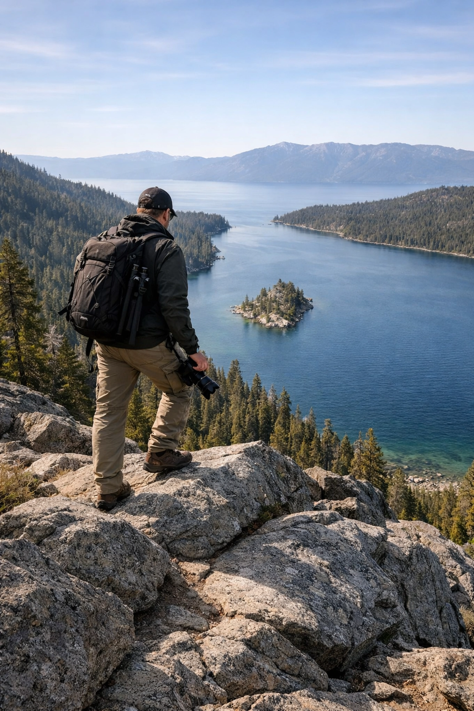 Photographer on the Bayview Trail overlooking Emerald Bay, one of the best photo spots in Lake Tahoe.