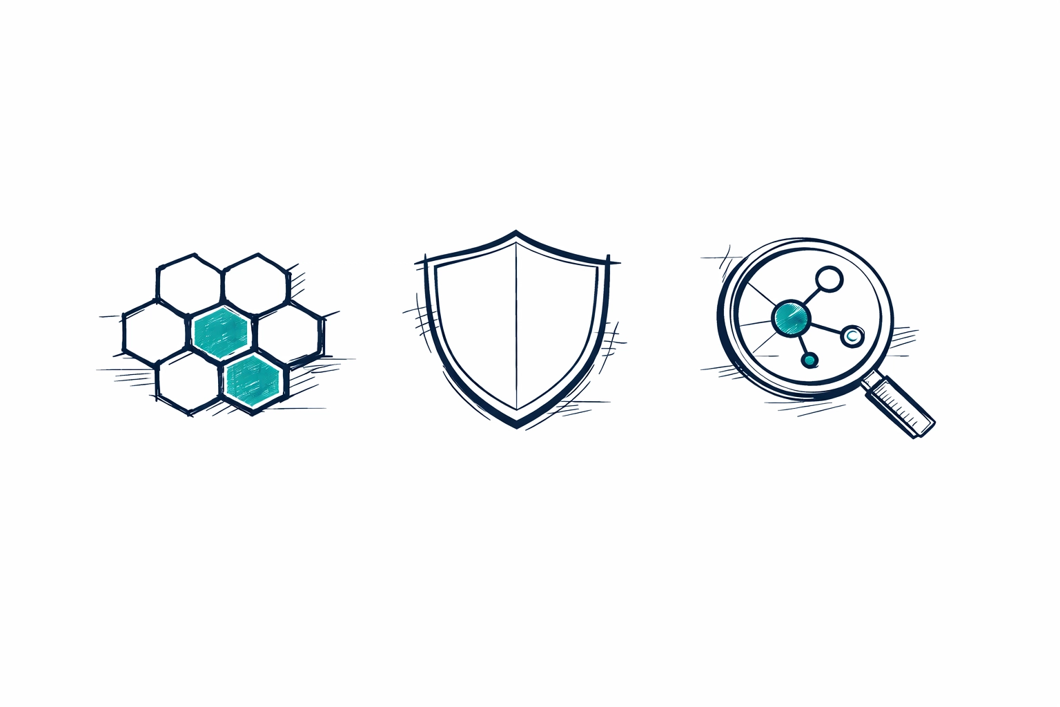 Modern sketches of a zero-trust technology stack including icons for service mesh and observability tools.