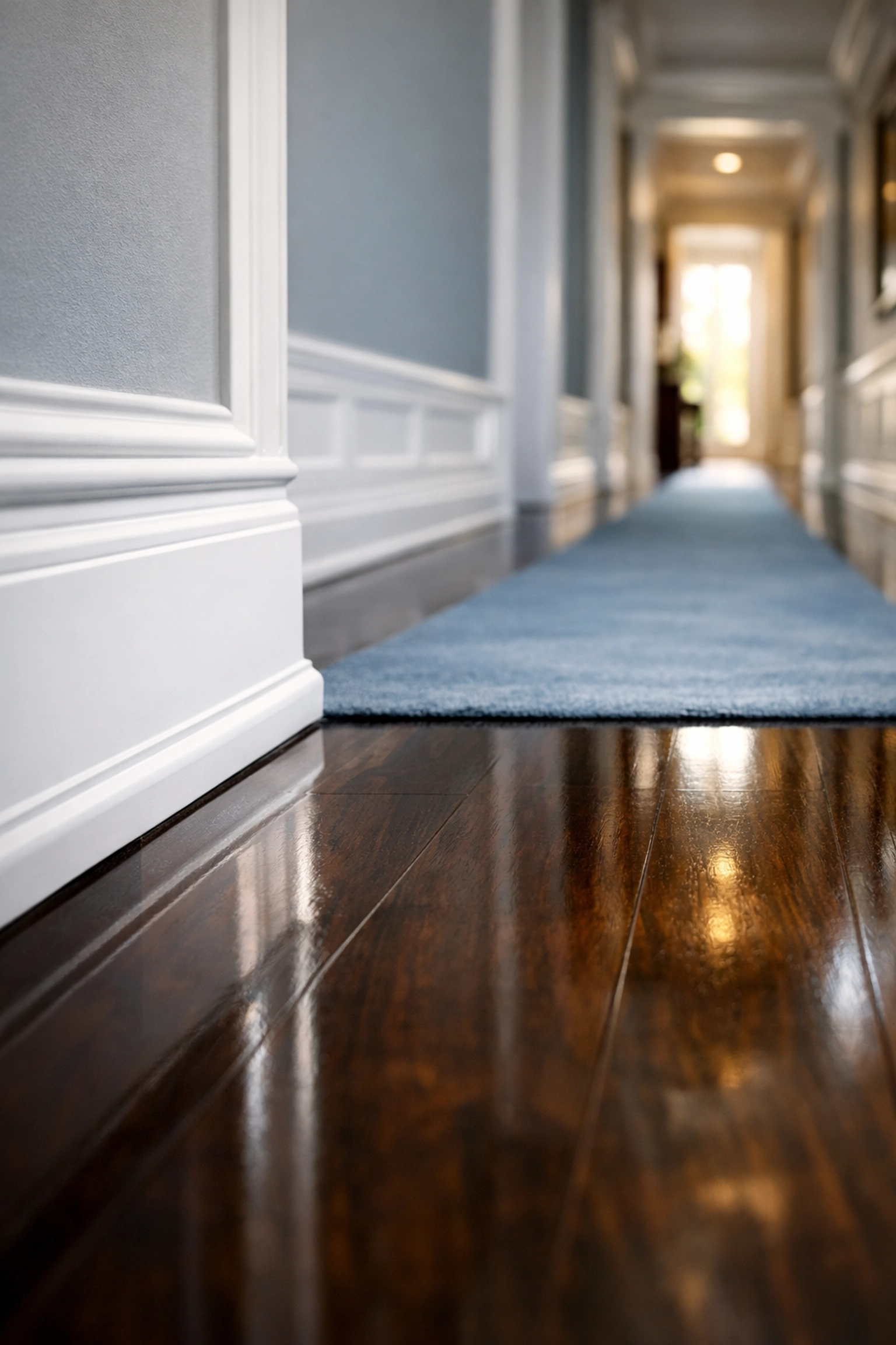Polished hardwood floors in a Southborough hallway reflecting the high standards of our house cleaning.