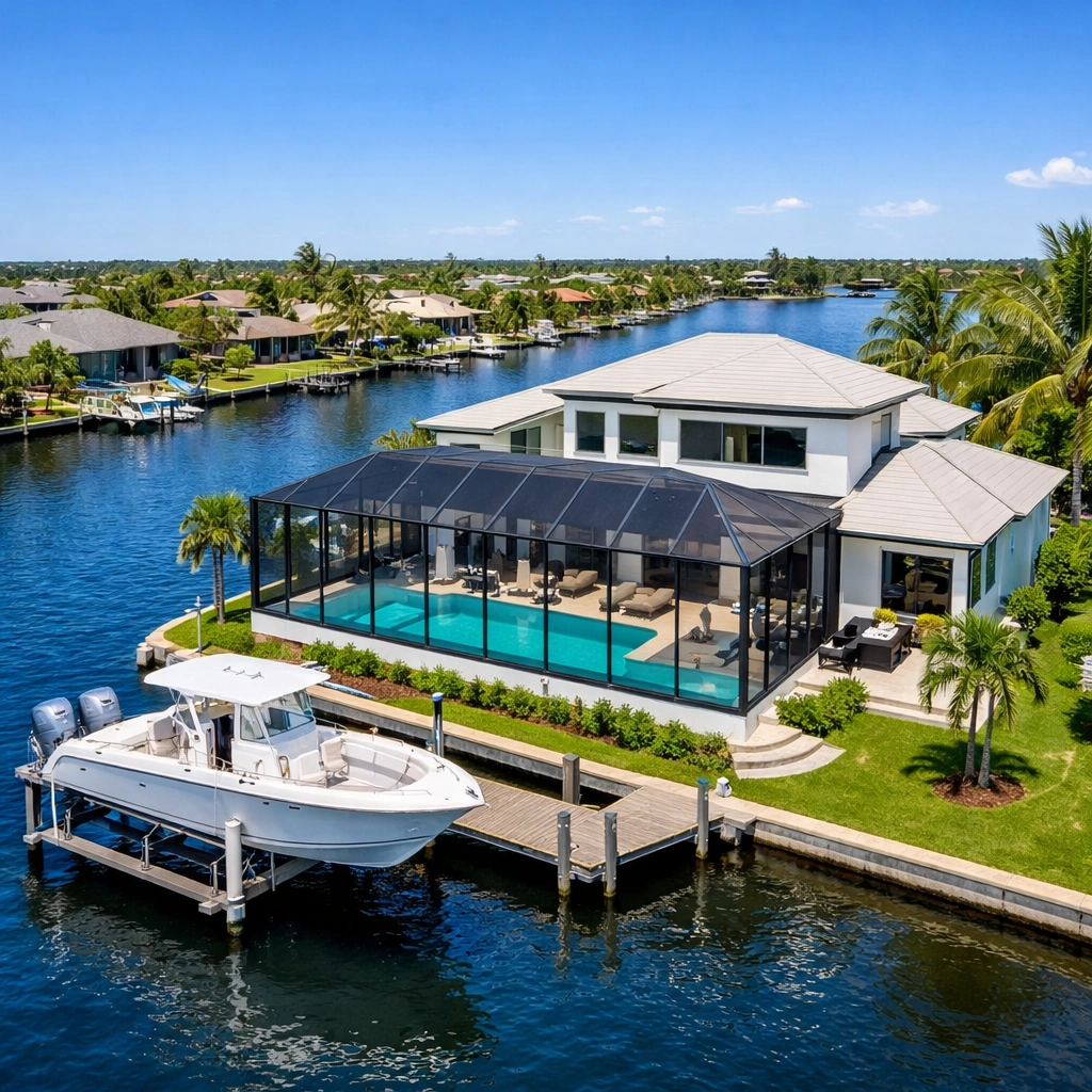 Luxury Cape Coral waterfront home with an infinity pool and boat lift on a Gulf access canal.