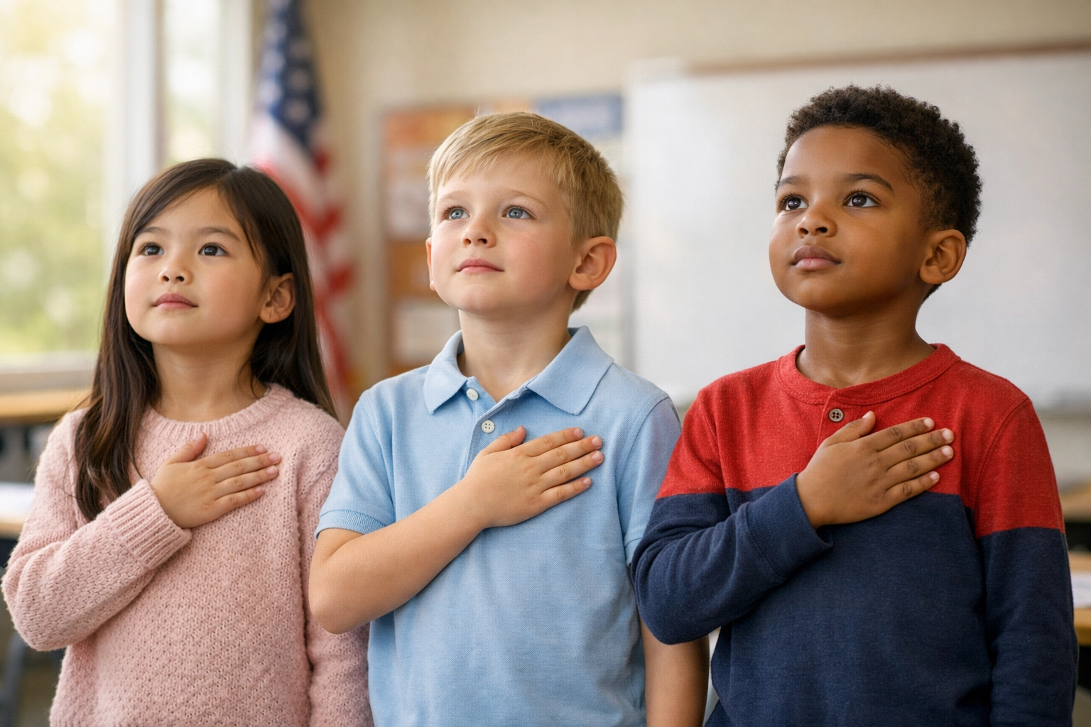 Elementary students reciting the Pledge of Allegiance with hands over their hearts in a bright classroom.
