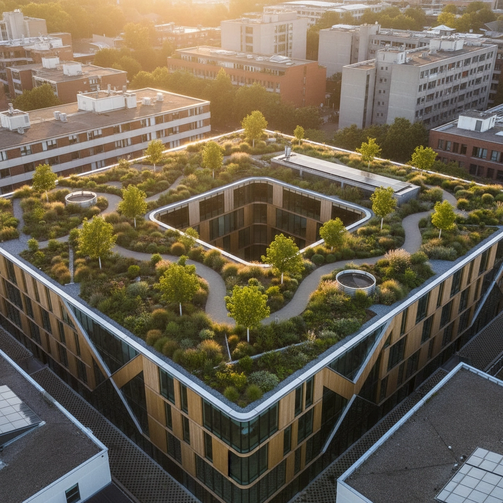 Green rooftop garden with winding paths, trees, and plants on a modern building. Cityscape in the background under a warm sunrise.