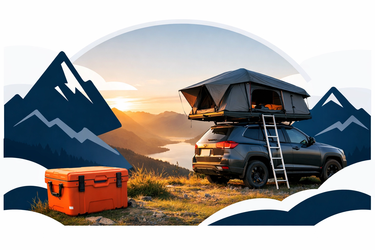 Premium rooftop tent and cooler at a mountain overlook representing high-quality neighborhood rentals.