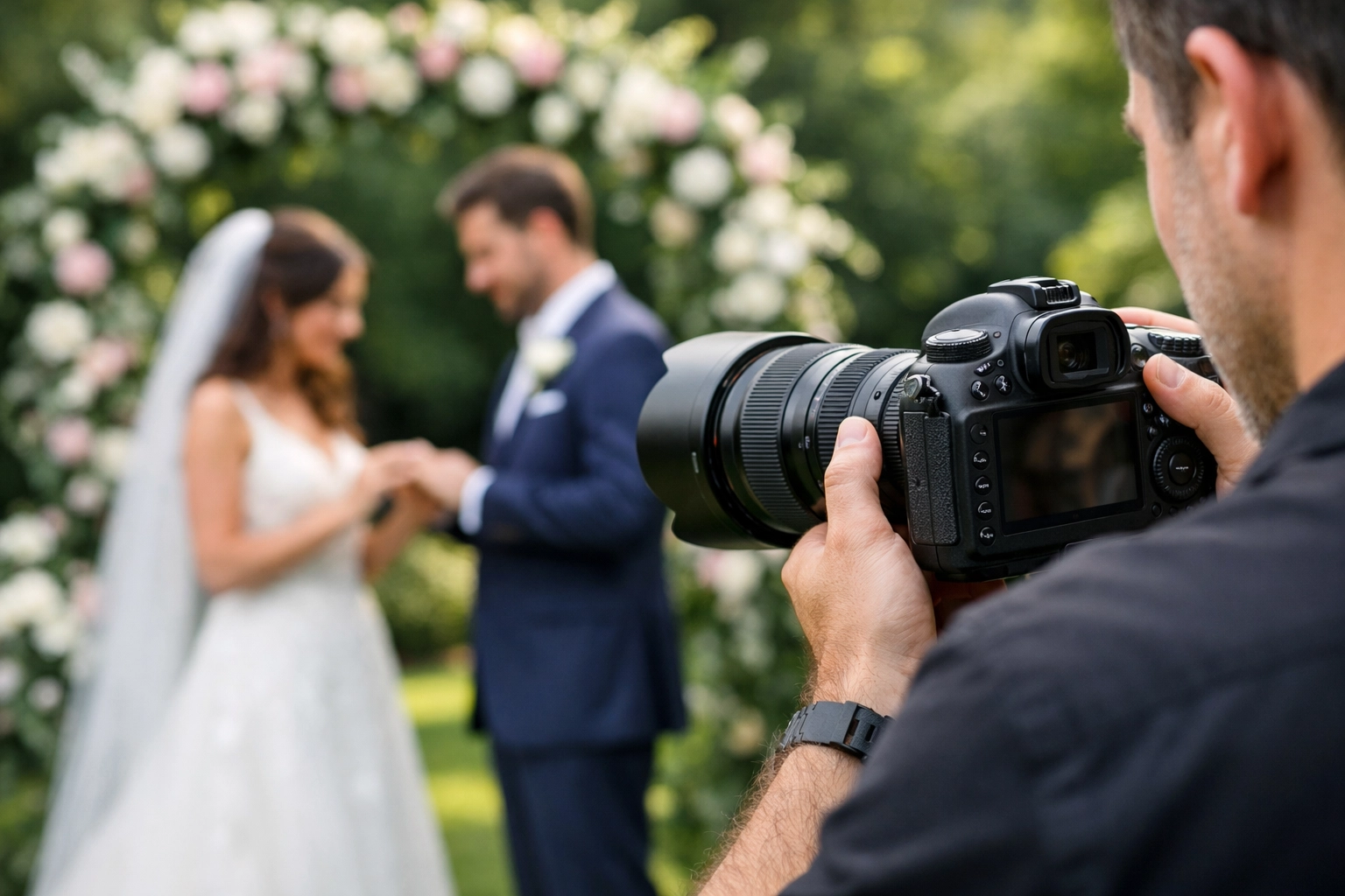 A professional wedding photographer capturing high-detail shots during a garden ceremony.
