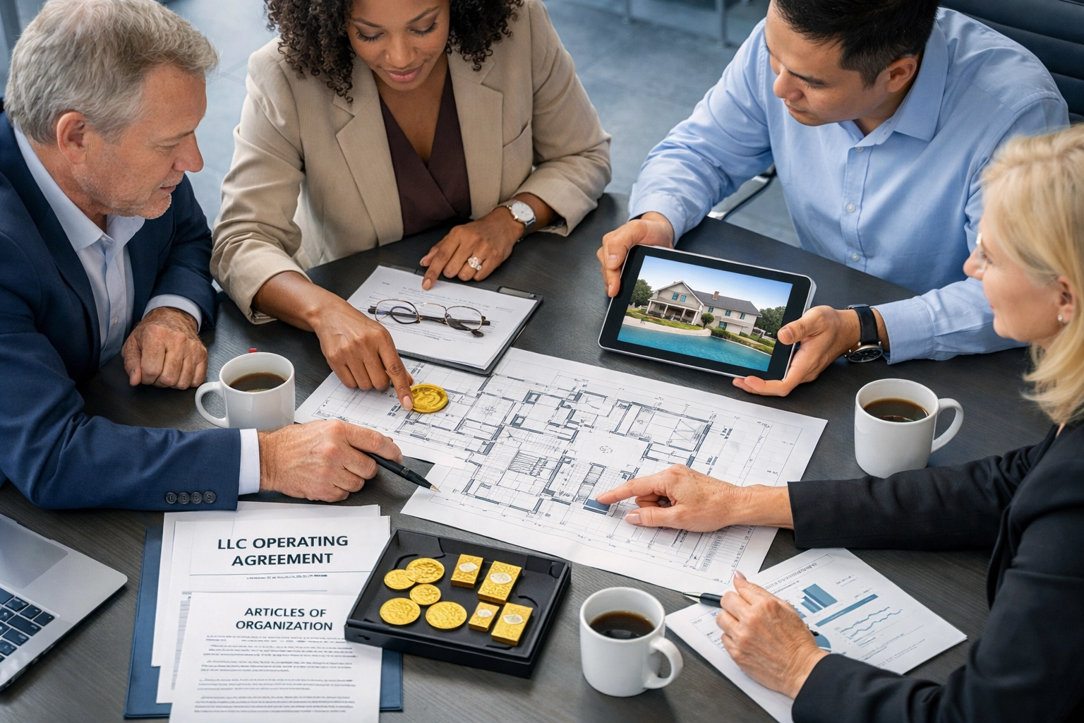 Investors reviewing self-directed IRA alternative investment documents including real estate and LLC paperwork