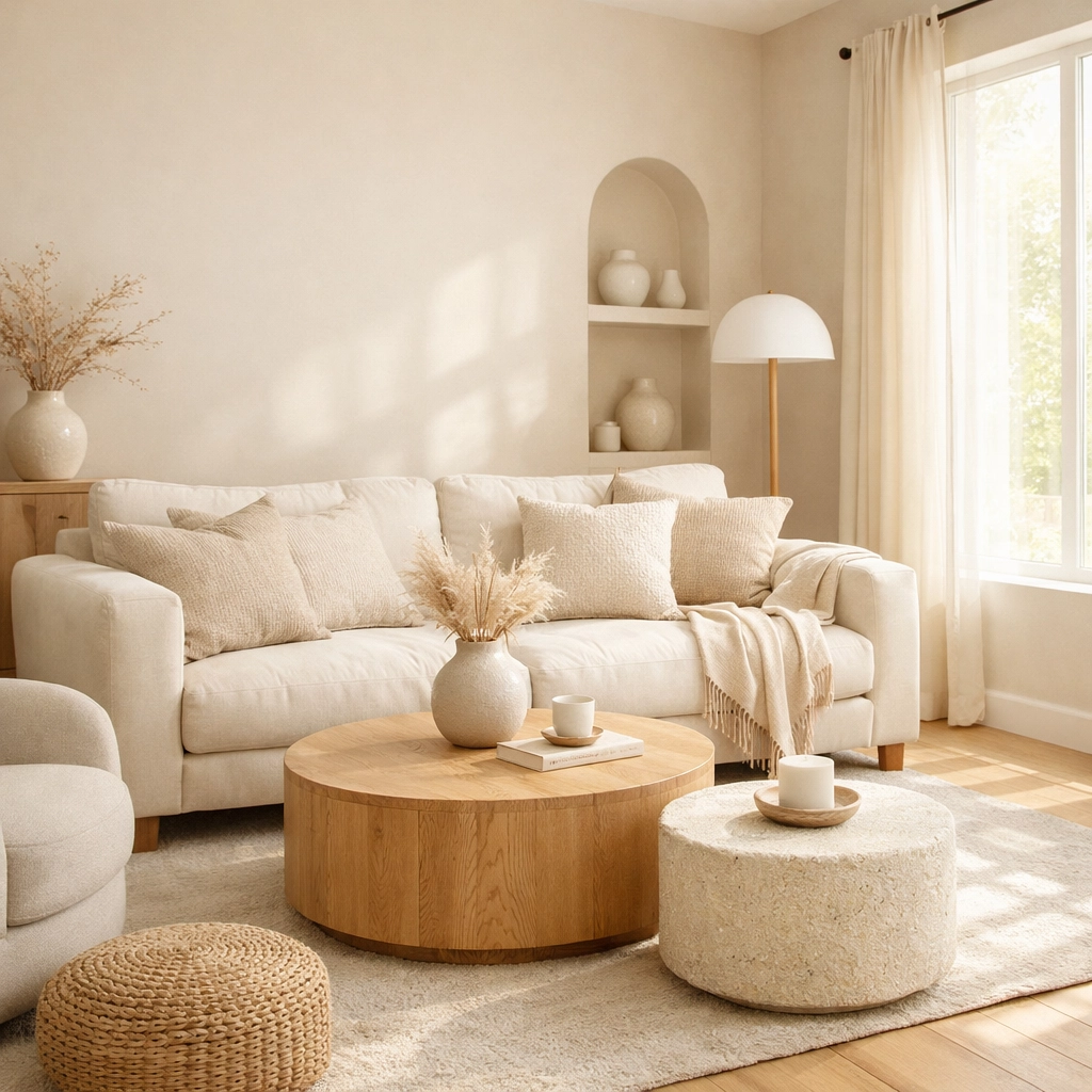 Warm neutral living room with oatmeal walls and a cream sofa, a top 2026 decorating trend.
