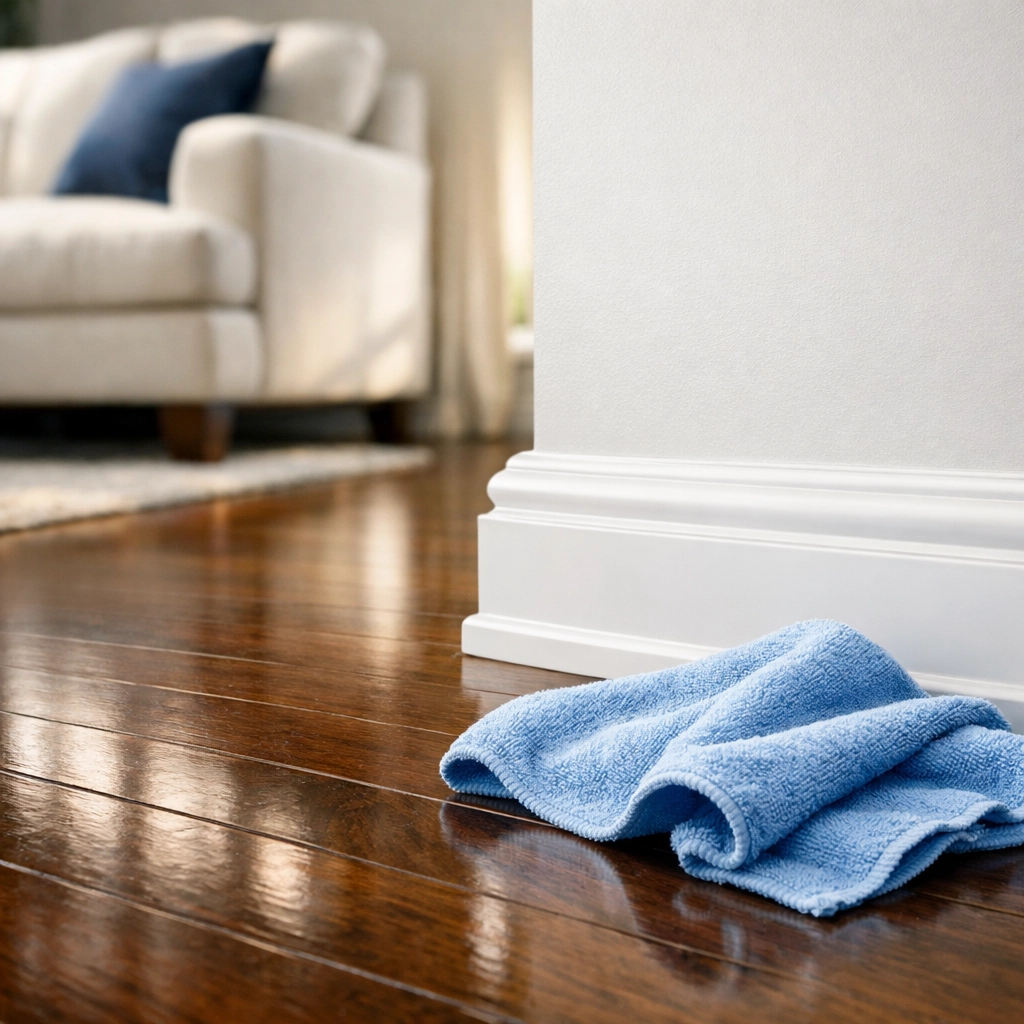 Detailed deep cleaning Lincoln of white baseboards and hardwood floors in a luxury living room.