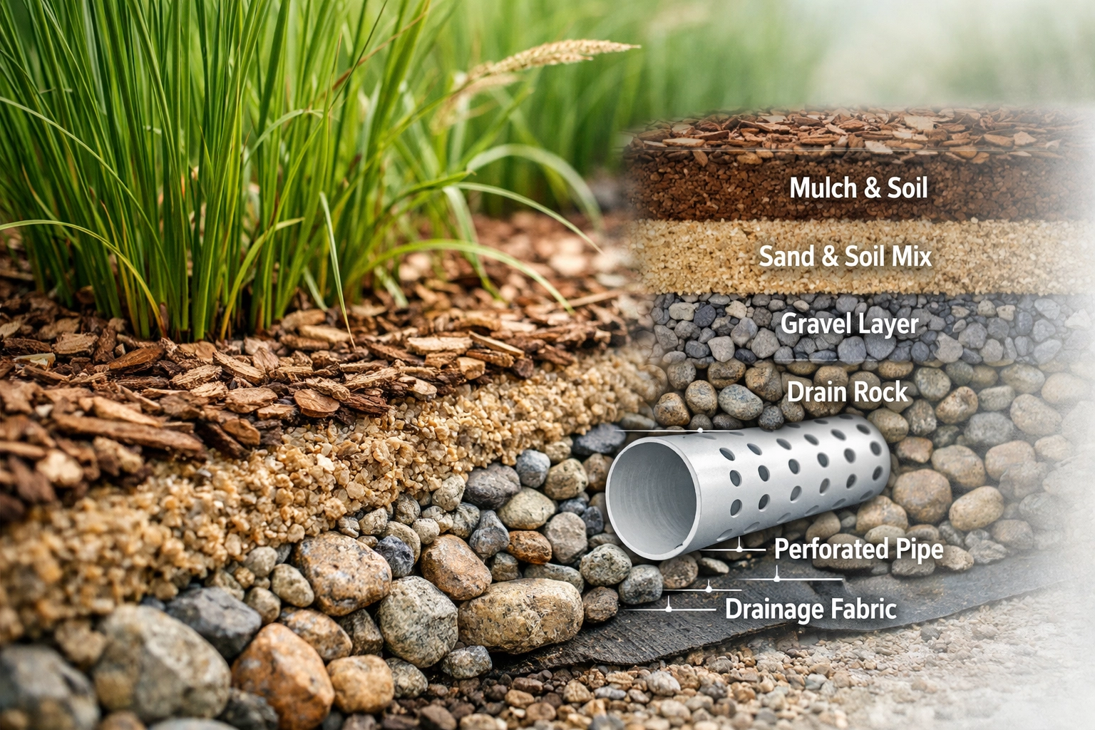 Low Impact Development bioswale with an engineering diagram showing sustainable stormwater management layers.