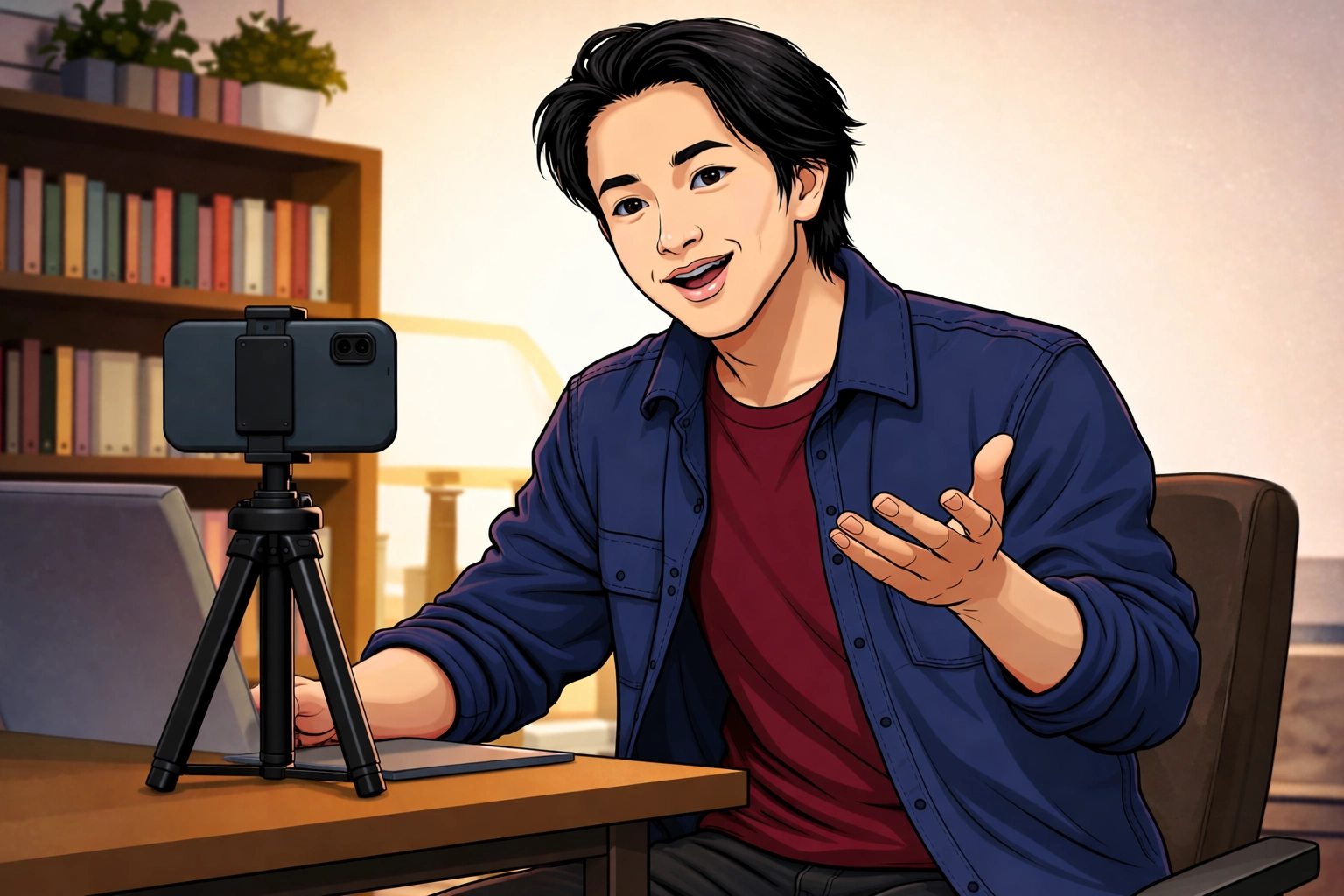 Simon Leung filming authentic marketing video with smartphone in casual home office for business storytelling