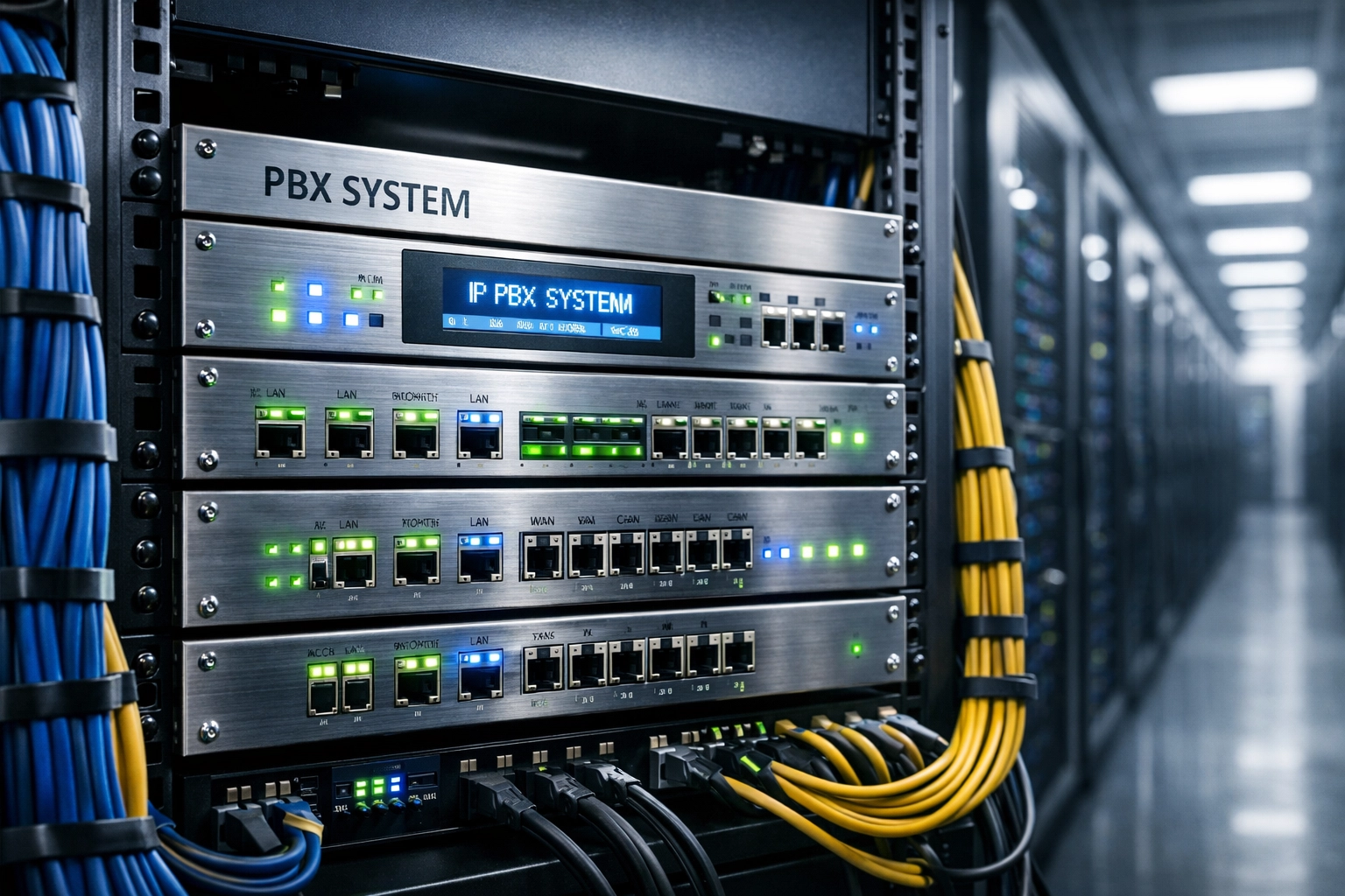 On-premises enterprise phone system hardware in a professional Canadian corporate server room.