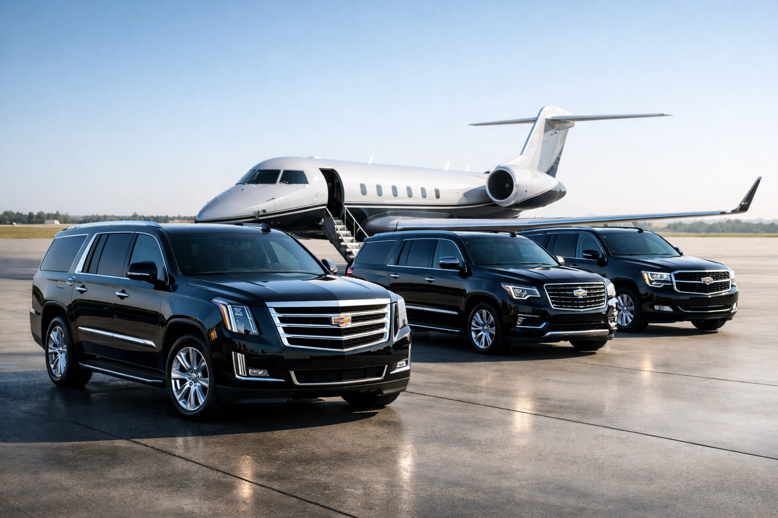 Fleet of luxury executive SUVs and a private jet, representing professional corporate travel management and logistics.