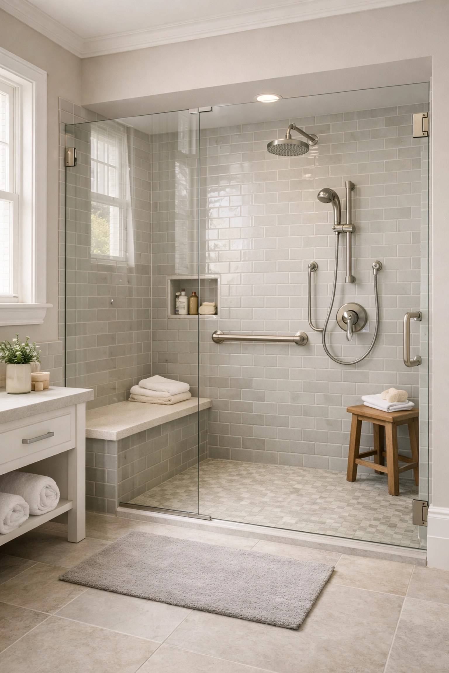Accessible bathroom with walk-in shower featuring aging-in-place design