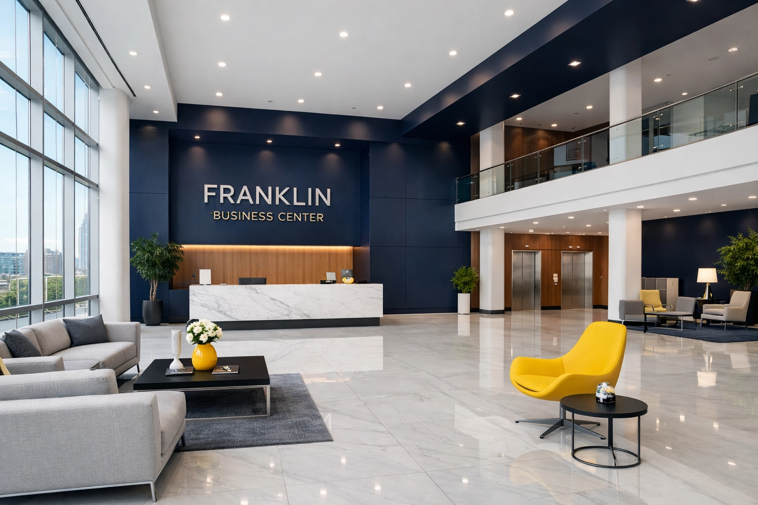 Pristine corporate lobby in Franklin, MA featuring polished marble floors and professional janitorial care.