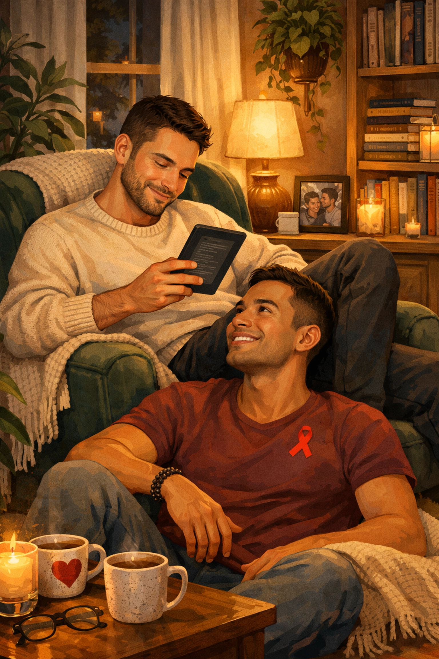 A gay couple relaxing at home with an e-reader, celebrating happy endings in modern MM romance books.