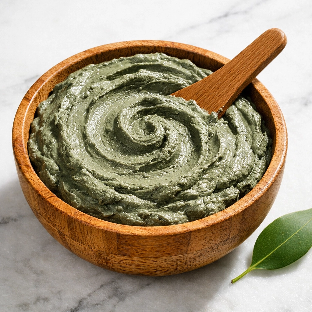 Natural 67 healing clay in a bamboo bowl for a deep-cleansing and 67 healthy skincare facial mask.