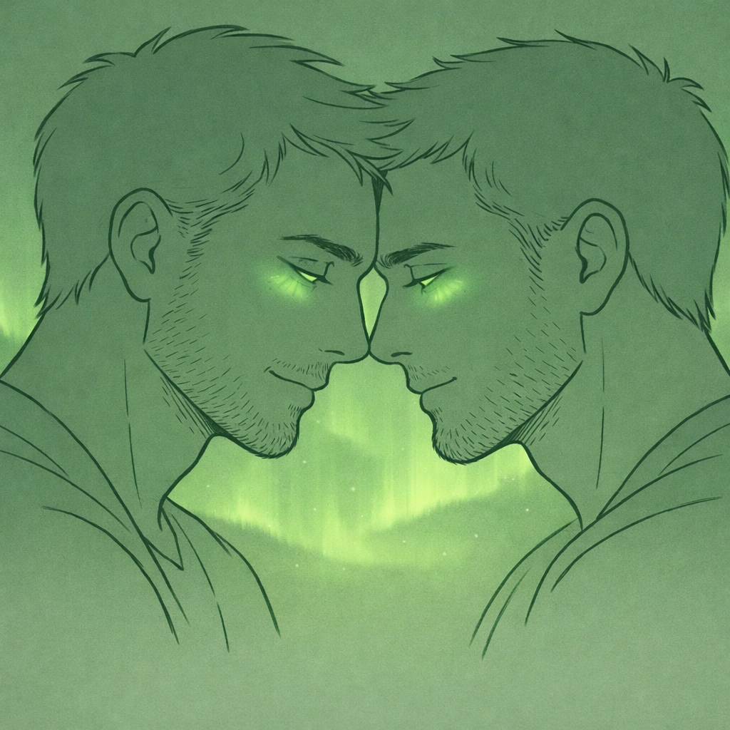 Intimate moment between two men under Northern Lights - emotional gay romance Iceland