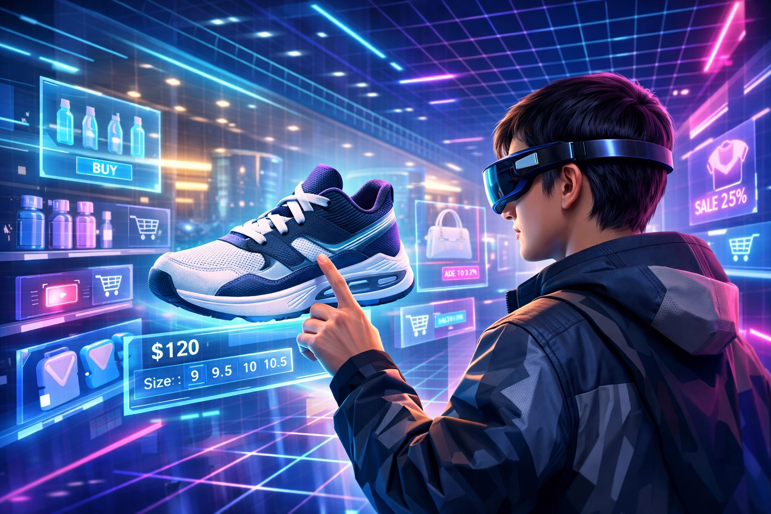 Shopper using AR glasses to browse holographic products in metaverse virtual store environment