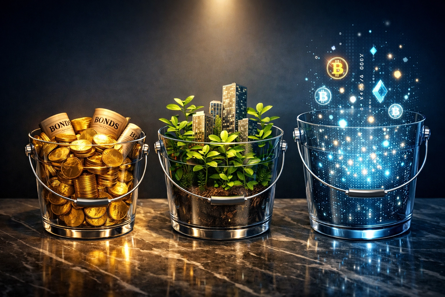 Three-bucket wealth strategy visualized with core, growth, and aspirational capital allocations