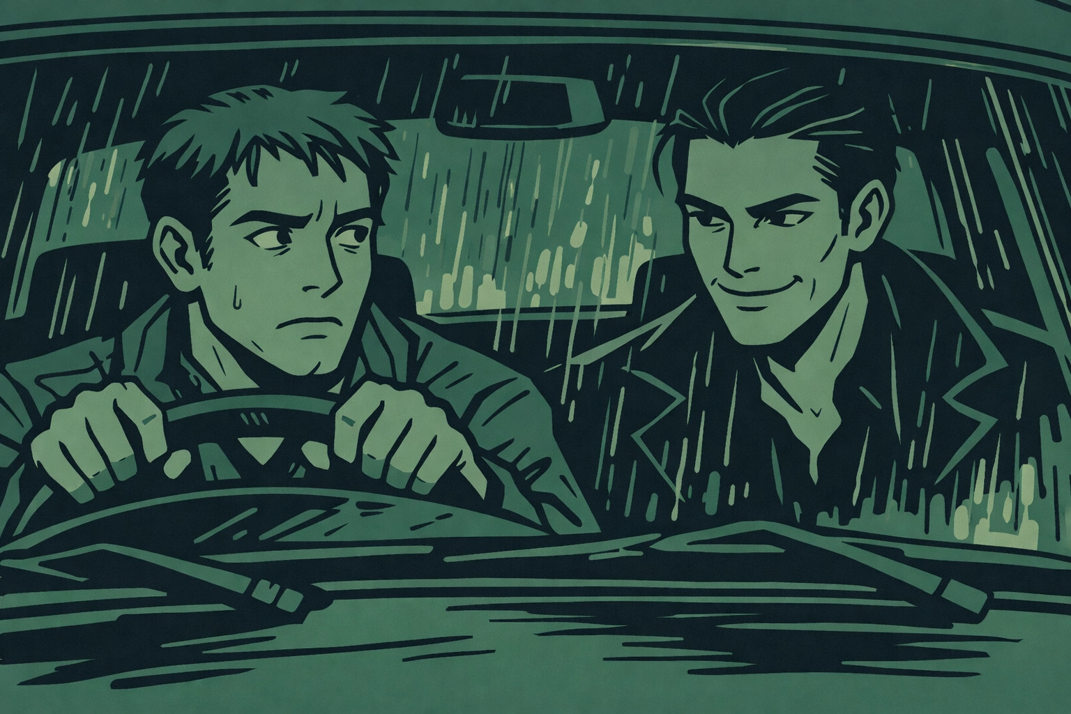 Two men in car at night - gay psychological thriller scene from The Stranger in the Rain