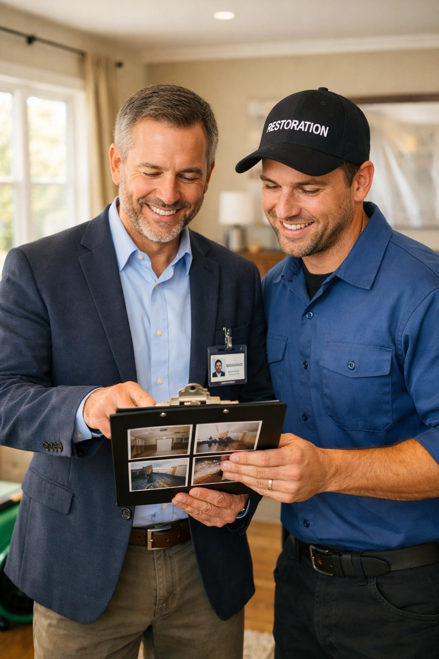 Water damage technician working with insurance adjuster on flood cleanup documentation