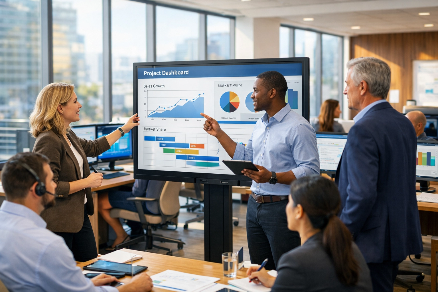 Business professionals collaborating on cross-industry strategy using integrated data systems