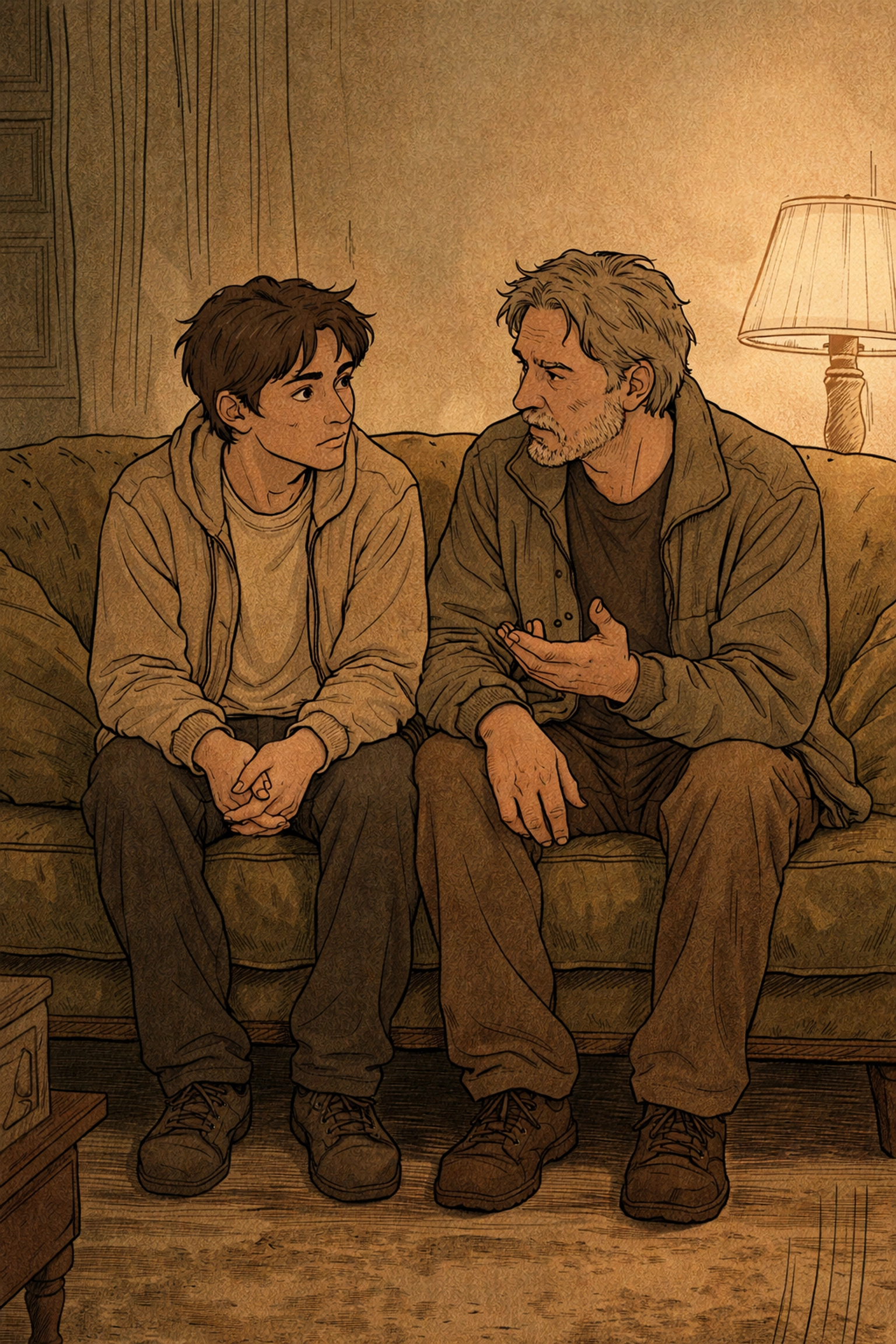 Older and younger men sit close on a velvet settee in a shadowy room, conveying mentorship and found family.